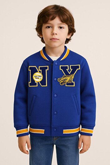 Magu Unisex Kids Cotton Navy Blue College Jacket - Bomber Jacket with Letter and Dragon Applique