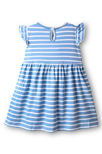 Babyhug Single Jersey Knit Frill Sleeves Striped Frock & Unicorn Embroidery - Blue