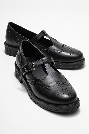 LuviShoes JANNEY Чорні шкіряні жіночі лофери з ремінцем