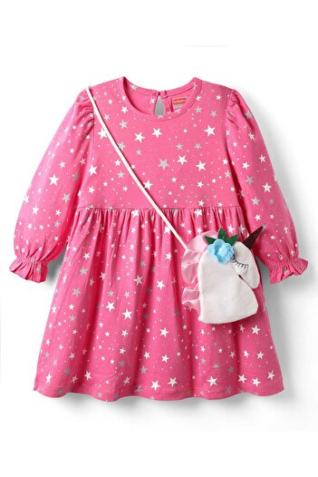 Babyhug Cotton Knit Full Peasant Sleeves Star Printed Frock With Unicorn Shaped Sling Bag - Pink