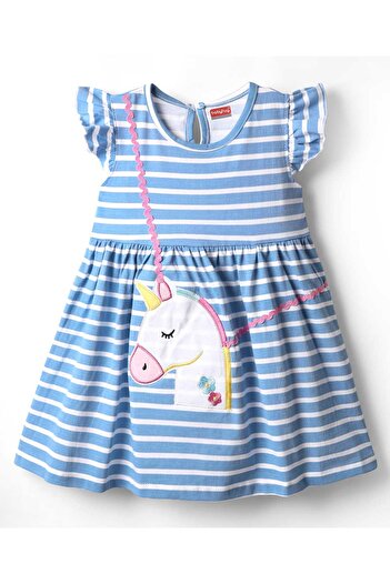 Babyhug Single Jersey Knit Frill Sleeves Striped Frock & Unicorn Embroidery - Blue