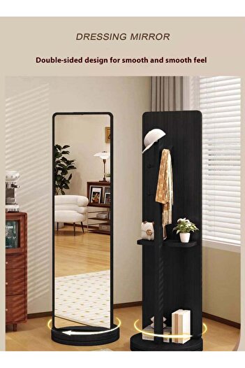 Taimi 360 Degree Rotating Floor Mirror and2 in1Coat Rack for Bedroom and Living Room 166x56cm Black