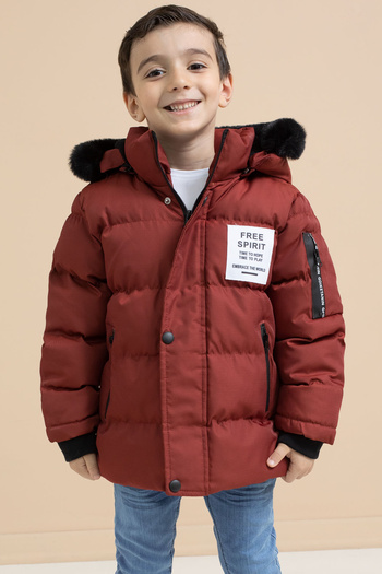 Cansın Mini Boy's Tile Written Coat with Coat Detail and Fur Inside Hooded down Jacket 21347