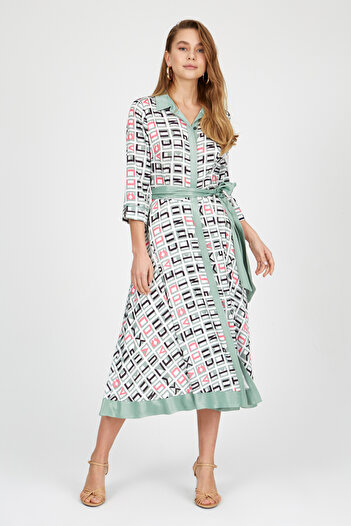 Stylish Ultra-soft midi dress with a formal collar in white print and turquoise trim