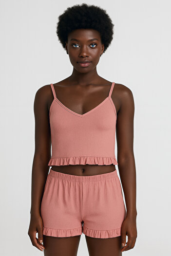 HNX Cotton Ribbed Crop Tank Top and Ruffle Shorts Women's Pajama Set