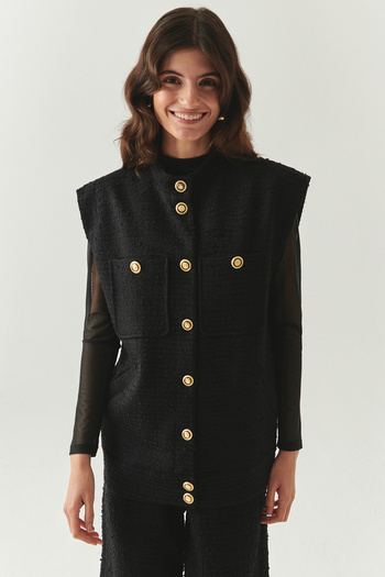 Exquise Regular Woven Black Vest with Button Detail and Pockets