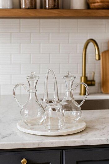 Reoona 3-Piece Glass Oil Bottle, Oil Pot and Salt Shaker Set – Stylish Presentation Glorry Set with Marble Base