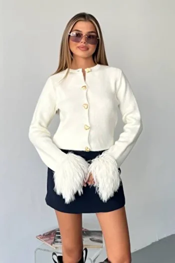 Ded COLLECTION Women's Heart Gold Buttoned Sleeve Tassel Detailed Knitwear Cardigan