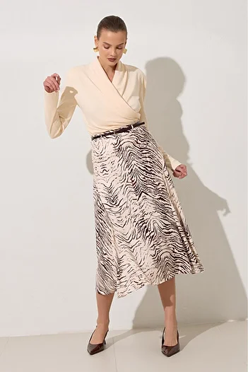 Setre Ecru-Burgundy Belt Detailed Patterned Relaxed Cut Skirt