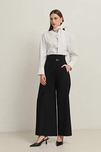 Setre Black Asymmetrical Detailed Wide Leg Pants