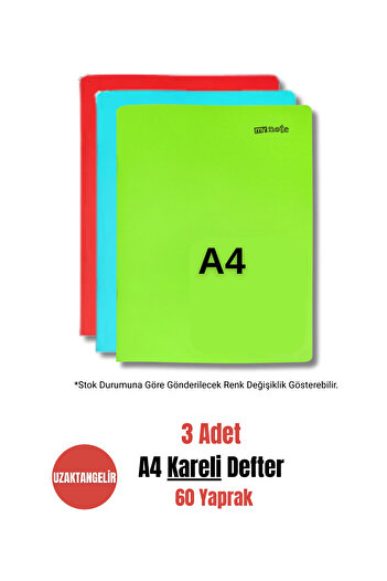uzaktangelir Mynote A4 60 Sheets Stitched Plastic Cover Checkered Notebook (3 Pieces)