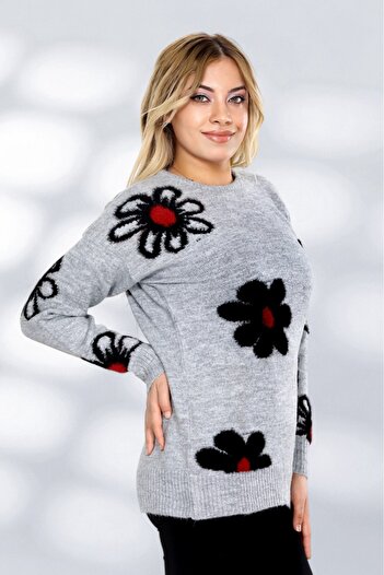 NEWCO Knitwear Fabric Long Sleeve Feather Daisy Patterned Relaxed Fit Women's Sweater
