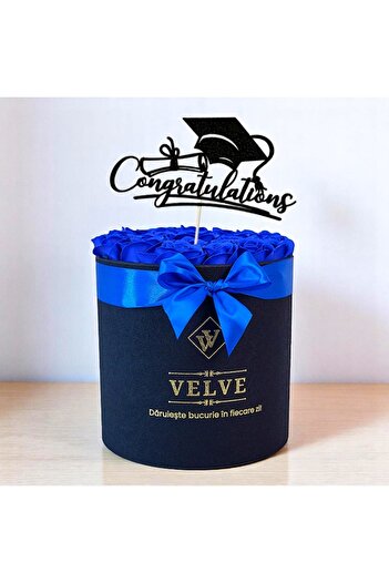 velve Aranjament floral Radiance, in cutie rotunda neagra, cu 25 trandafiri din sapun, Albastru
