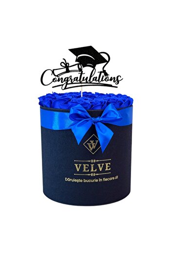 velve Aranjament floral Radiance, in cutie rotunda neagra, cu 25 trandafiri din sapun, Albastru