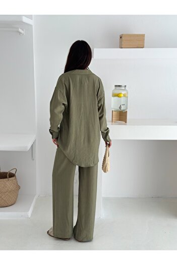 02Lady Fashion Beli Lastikli Geniş Paça Çilek Kumaş Gömlekli Takım