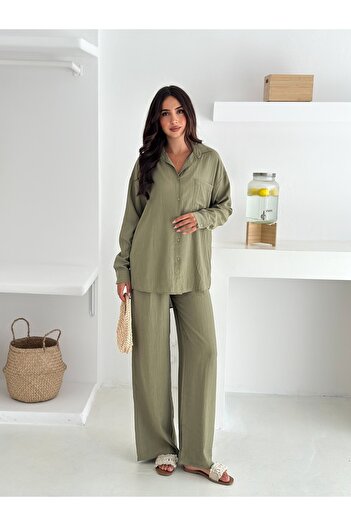 02Lady Fashion Beli Lastikli Geniş Paça Çilek Kumaş Gömlekli Takım