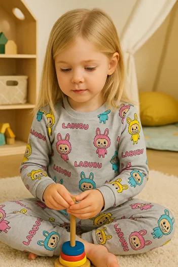 SVART WEAR Labubu Patterned Kids Pajamas Set Bottom Top Sweatshirt Pants