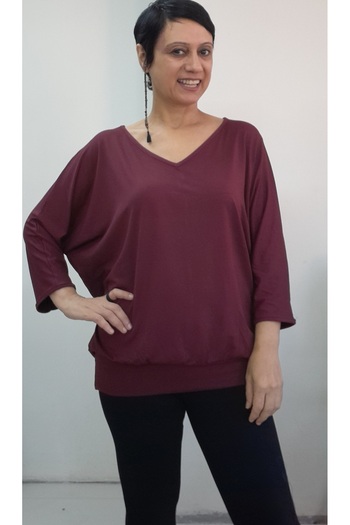 Mertcan Butik Burgundy V-Neck Bat Three-Quarter Sleeve Combed Viscose T-Shirt