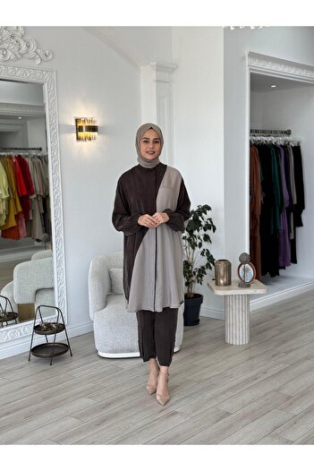 MissWhence İki Renkli Gömlek Taş-Kahve 37315