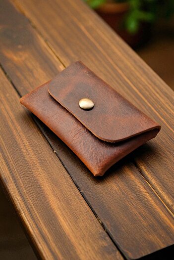 MAT Deri Tan Genuine Leather Card Holder Wallet, Minimal, Handmade, Seamless Design with Snap Closure