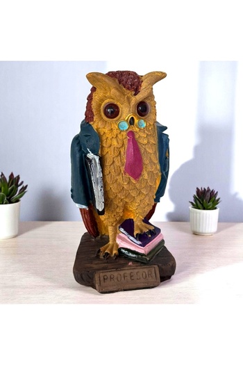 velve Decorative figurine Professor, made of resin, Owl with Yellow-Brown ledger, 20cm