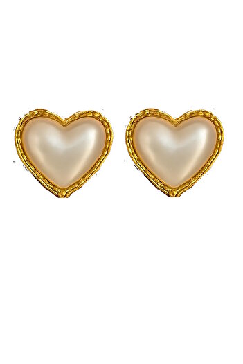 CAŞ DEKORASYON Gold Color Heart Figured Pearl Earrings (Pair)