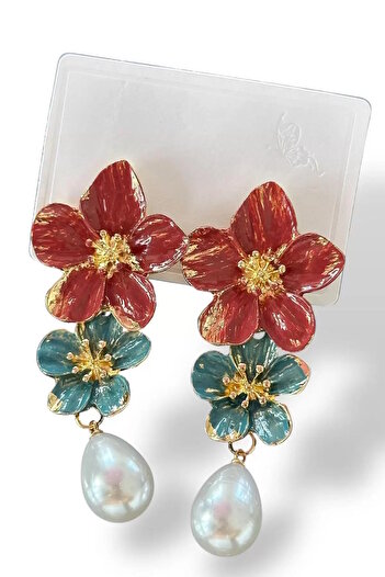 CAŞ DEKORASYON Gold Color Flower Pearl Earrings (Pair)