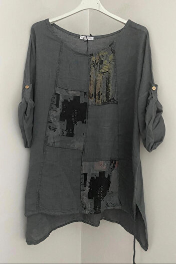 AYASOFYA OTANTIK Women's Italian Anthracite Round Neck Patch Detailed Half Sleeve Oversize Loose 100% Linen Blouse Tunic