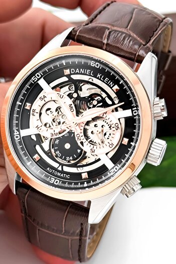 Daniel Klein Automatic Mechanism Leather Cord Steel Case Men Wrist Watch Coffee-Rose Zmdk1195