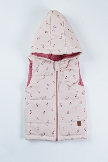 PODİUM GİYİM Trend Special Series Flower Bouquet Patterned Winter Hooded Girl's Vest