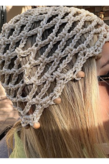 yucin Handmade Knitted Mesh Beret – Wooden Bead Detailed Summer Spring Women's Hat Bohemian Style