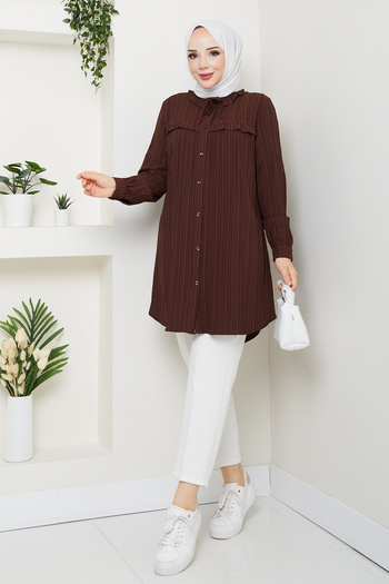 Pamuk Butik Women's Collar Detailed Ruffled Robe Shirt Bitter Brown