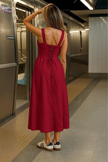 buğrahayalin Women's Strappy Wide V-Neck Back Tie Slit Single Jersey Dress