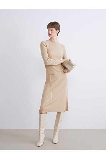 LC Waikiki Beige Crew Neck Knit Dress