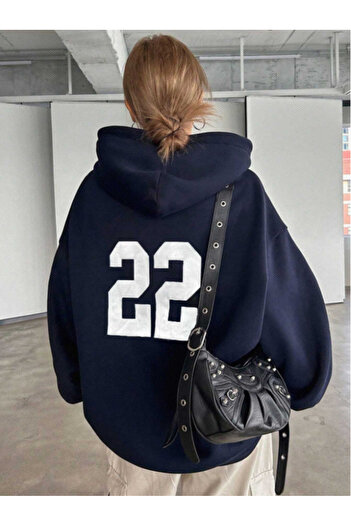 Revasser Unisex Erkek/Kadın Lacivert 22 Renkli Özel Baskılı Pamuklu Oversize Kapüşonlu Sweatshirt