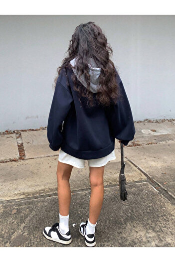Revasser Unisex Erkek/Kadın Kapüşon Gri CASUAL Renkli Özel Baskılı Pamuklu Oversize Kapüşonlu Sweatshirt