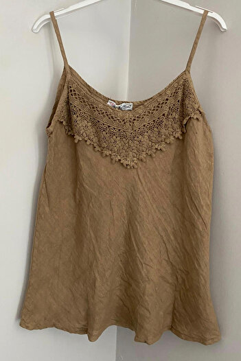 AYASOFYA OTANTIK Women's Italian Cappuccino Lace Detailed Collar Plain Pattern Sleeveless Strap Zero Sleeve Linen Blouse