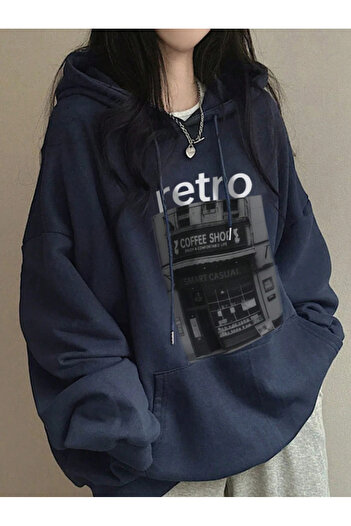 Revasser Unisex Erkek/Kadın RETRO Renkli Özel Baskılı Pamuklu Oversize Kapüşonlu Sweatshirt