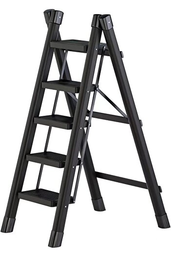 VINNYSEN 5 Step Ladder, Black Aluminum Folding Ladder Stool, Wider Upgraded Non-Slip Treads