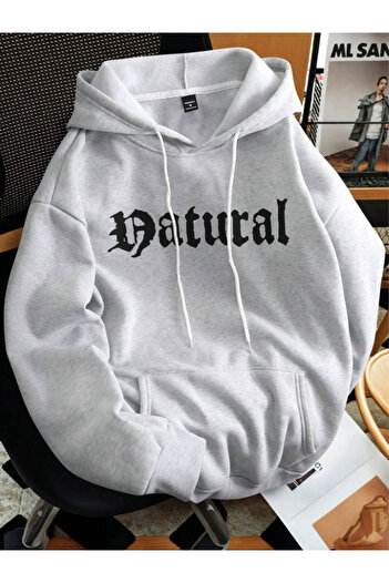 Revasser Unisex Erkek/Kadın NATURAL Renkli Özel Baskılı Pamuklu Oversize Kapüşonlu Sweatshirt