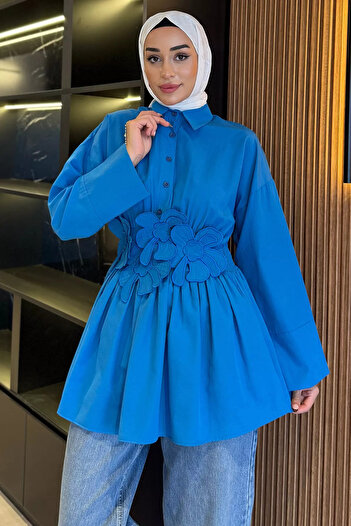 julude Blue Shirt Collar Daisy Appliqued Hijab Tunic with Elastic Waist