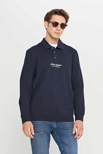 AC&Co / Altınyıldız Classics Men's Navy Blue 2 Thread Cotton Standard Fit Regular Cut Polo Neck Sweatshirt