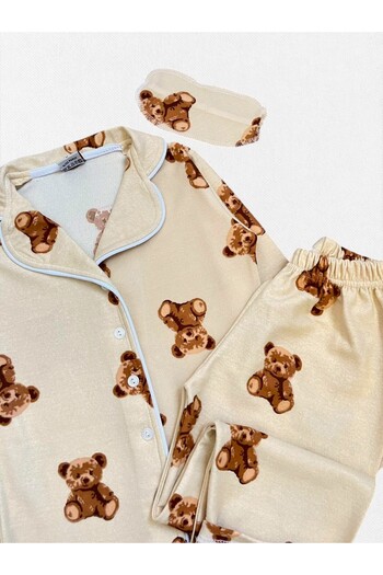 Fil Kids Girl's Cotton Fabric Suede Beige Teddy Bear Patterned Sleep Banded Piping Shirt Collar Pajama Set