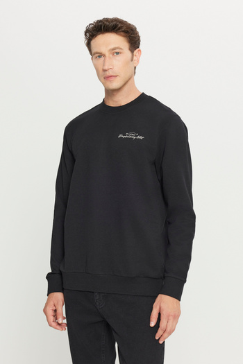 AC&Co / Altınyıldız Classics Men's Black Cotton 2 Thread Standard Fit Regular Cut Comfortable Crew Neck Sweatshirt
