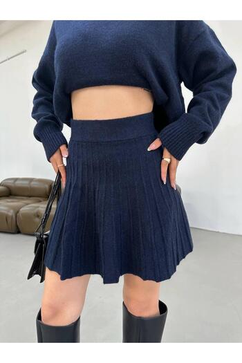 NZL TEKSTİL Dgn's Patchwork Mini Skirt Turtleneck Sweater Women's Bottom-Up Knitwear Set