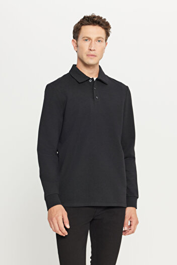 AC&Co / Altınyıldız Classics Men's Black 2 Thread Cotton Standard Fit Regular Cut Polo Neck Sweatshirt