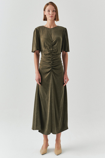 Exquise Short Sleeve Jacquard Leopard Slim Fit Midi Khaki Dress