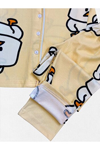 Fil Kids Kız Çocuk Pamuklu Kumaş Süet Sarı Civciv Desenli Uyku Bantlı Biyeli Gömlek Yaka Pijama Takımı
