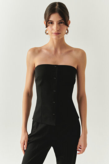 Exquise Strapless Buttoned Slim Fit Black Bustier