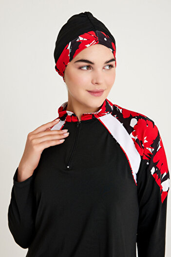 Plistre 2240_Printed Zipper and Intermediate Piping Detailed 4-Piece Set Full-Covered Hijab Swimsuit